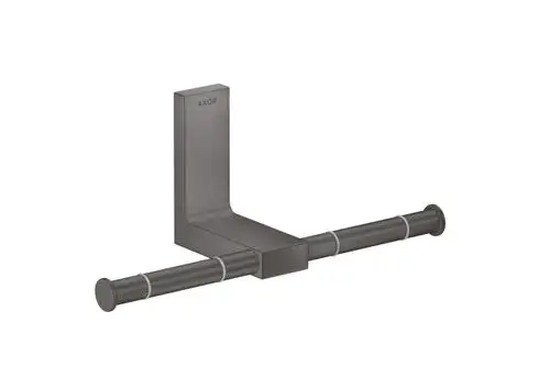 Toilettenpapierhalter in brushed black chrome von AXOR, mit zwei runden Halterungen, montiert auf einer rechteckigen Wandplatte.